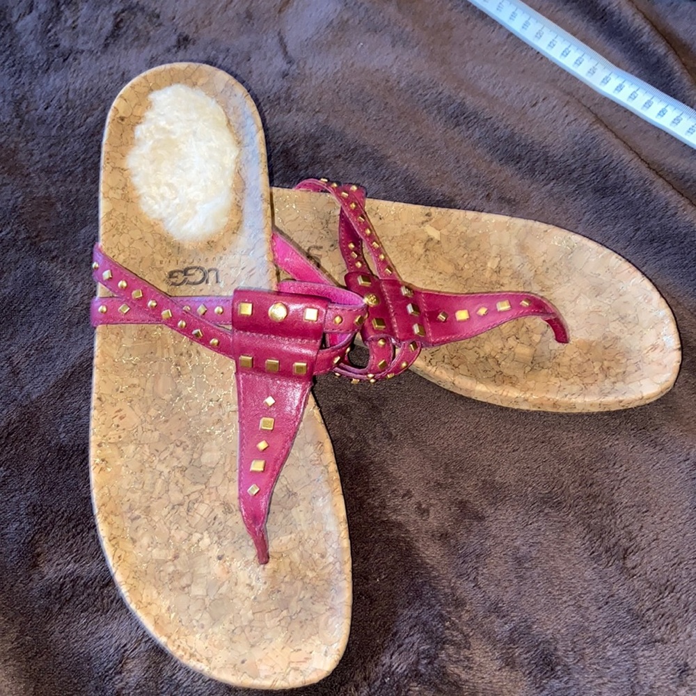 UGG Fuchsia Leather Cork Footbed Flip Flops